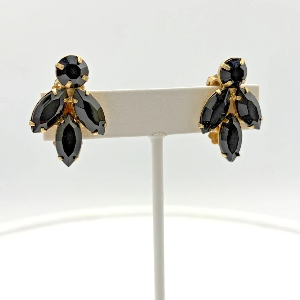 Vintage Black Navette Rhinestone Brooch‎ Clip Earrings Set Gold Tone Mid Century